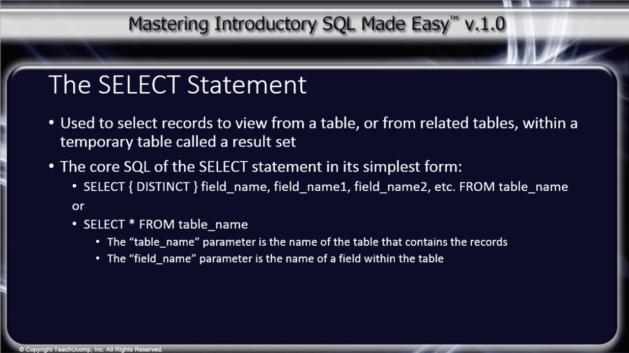 The SELECT Statement in SQL- Tutorial - TeachUcomp, Inc.